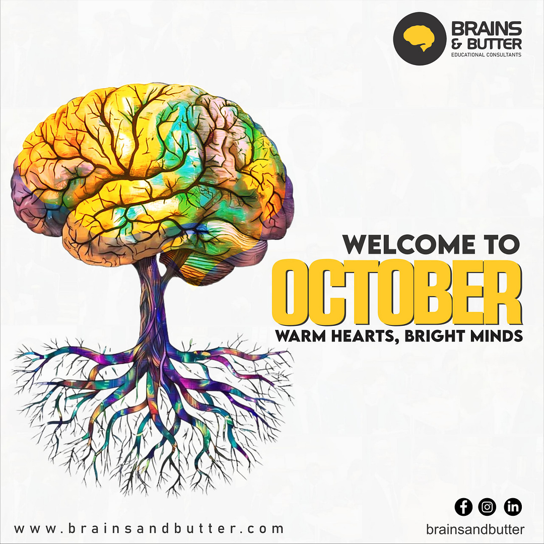 Flyer featuring a tree shaped like a brain, symbolizing Half-Term Success in UK Boarding Schools. The theme 'Warm Hearts, Bright Minds' emphasizes reflection and growth for students this October