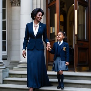 A luxuriously dressed African mother holding her daughter's hand in front of a prestigious British boarding school, symbolizing the start of a new academic year for African families in the United Kingdom.